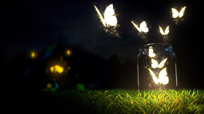 butterfly, lights, digital art, bottles