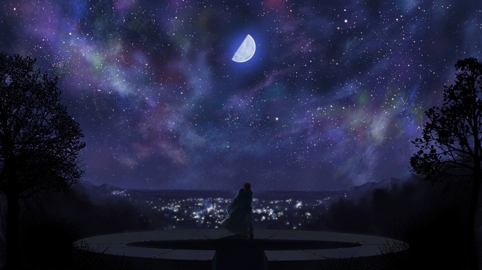 clouds, city, anime, moon, sky