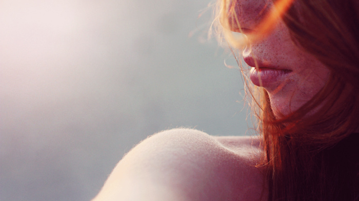 lips, face, bare shoulders, freckles, sunlight, girl, redhead, mouths