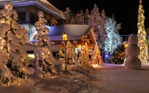 night, Christmas, snow, trees