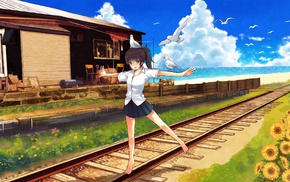 anime, original characters, birds, school uniform, railway, anime girls
