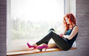 redhead, red nails, painted nails, girl, high heels, tank top
