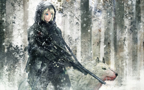anime, snow, anime girls, wolf, snipers, forest
