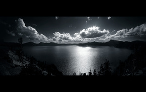 clouds, landscape, black, white, lake