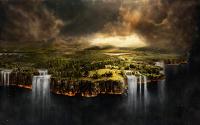 Matte painting, space, clouds, waterfall, landscape