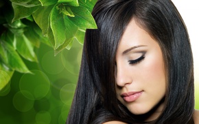 girl, brunette, leaves