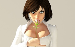 white background, flowers, Elizabeth BioShock, pink flowers, cleavage, BioShock Infinite
