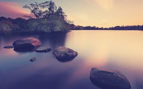 rock, trees, water, lake, landscape