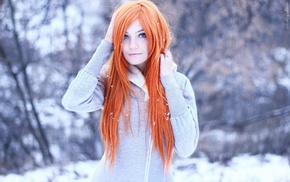 winter, redhead, bokeh, girl, blue eyes, long hair