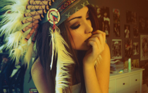 brunette, headdress, girl, portrait, Melanie Iglesias, Native Americans