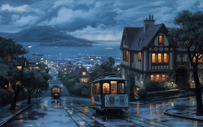 cable cars, painting, San Francisco, Alcatraz