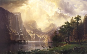 mountain, trees, Albert Bierstadt, landscape, waterfall, snow