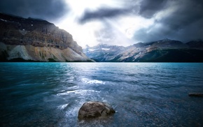 sunlight, Bow Lake, blue, sea, Banff National Park, mountain