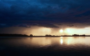 sunlight, clouds, reflection, lake