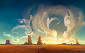 Sun, artwork, desert, clouds