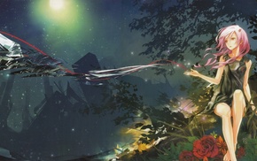 redhead, landscape, rose, red eyes, Guilty Crown, night