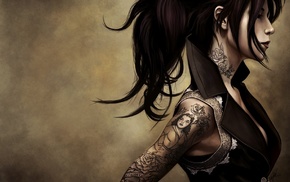 artwork, tattoo, girl, digital art, ponytail