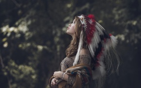 looking up, Native Americans, headdress, cardigan, brunette, nature