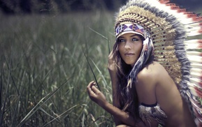 brunette, strategic covering, headdress, Native Americans, girl