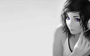 animation, headsets, simple background, selective coloring, purple eyes