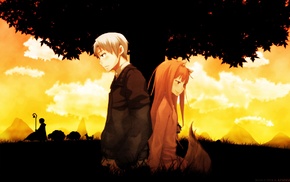 silhouette, redhead, anime, white hair, Spice and Wolf, Holo