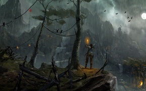 trees, temple, storm, landscape, video games, Tomb Raider