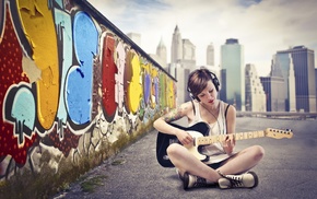 graffiti, girl, guitar, brunette