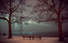 bench, water, trees, bridge