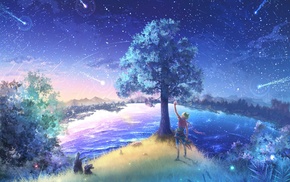 stars, trees, shooting stars, sky, rabbits, animal ears
