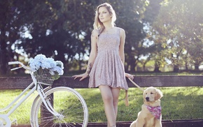 model, skirt, dog, flowers, bicycle, blonde