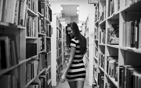 girl, monochrome, library