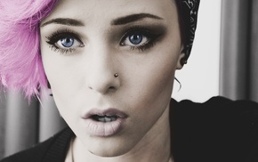 lips, girl, blue eyes, closeup, pink hair, piercing