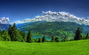 landscape, Walensee, clouds, grass, lake, nature