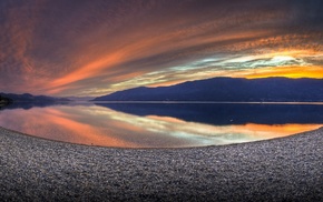 fisheye lens, sunset, nature, lake, landscape