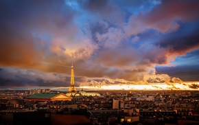 city, Paris, sky, Eiffel Tower, cityscape, lights