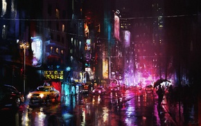 painting, rain, cityscape, road, signs