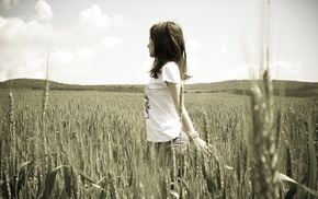printed shirts, wheat, field, girl, jeans, brunette