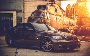 bmw serie 3, helicopters, sunset, car