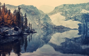 reflection, snow, trees, winter, mountain, nature