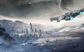 spaceship, digital art, Star Citizen, Caterpillar, cityscape, snow