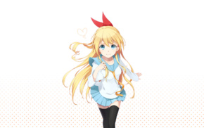 blue eyes, anime, long hair, ribbon, school uniform, Kirisaki Chitoge
