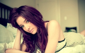 lying down, Susan Coffey, in bed, blue eyes, looking at viewer, purple hair