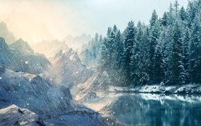 snow, nature, lake, trees