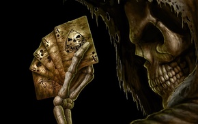 skeleton, skull, Grim Reaper, cards, black background
