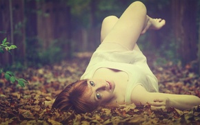 girl, forest, leaves, barefoot