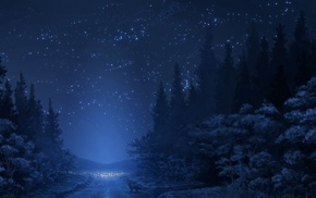 anime, trees, fox, road, night, forest