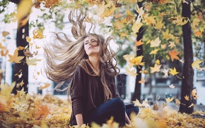 leaves, girl outdoors, girl, windy, long hair, fall