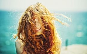 sunlight, smiling, girl, redhead, hair in face, curly hair