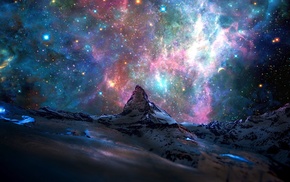 nebula, stars, landscape, mountain, space