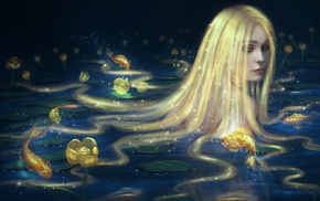 fish, koi, blonde, long hair, flowers, artwork